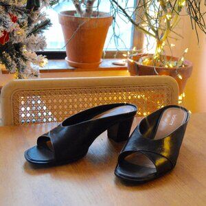 Vintage 90s Black Leather Liz Claiborne Peep Toe 2'' Slide Heels Size 10